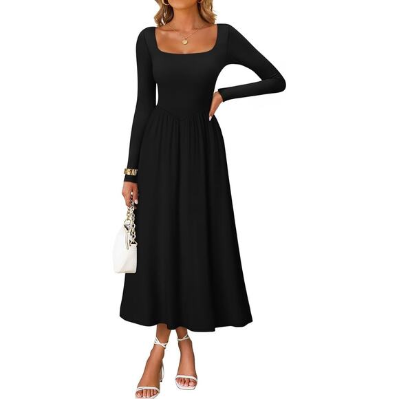 Womens Black Square Neck Basque Waist Classic Minimalist Traditional Dress Large - Picture 1 of 6